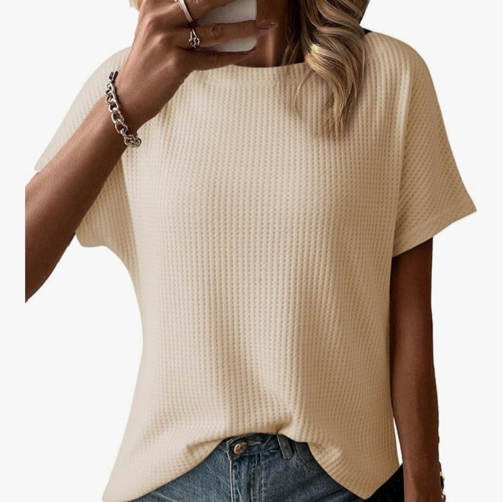 Waffle Knit Short Sleeve Top - Cream